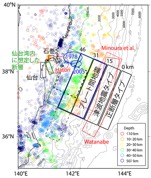 貞観地震の波源を推定する際に検討した断層モデルの例（１）．佐竹ほか（2008）を改変．