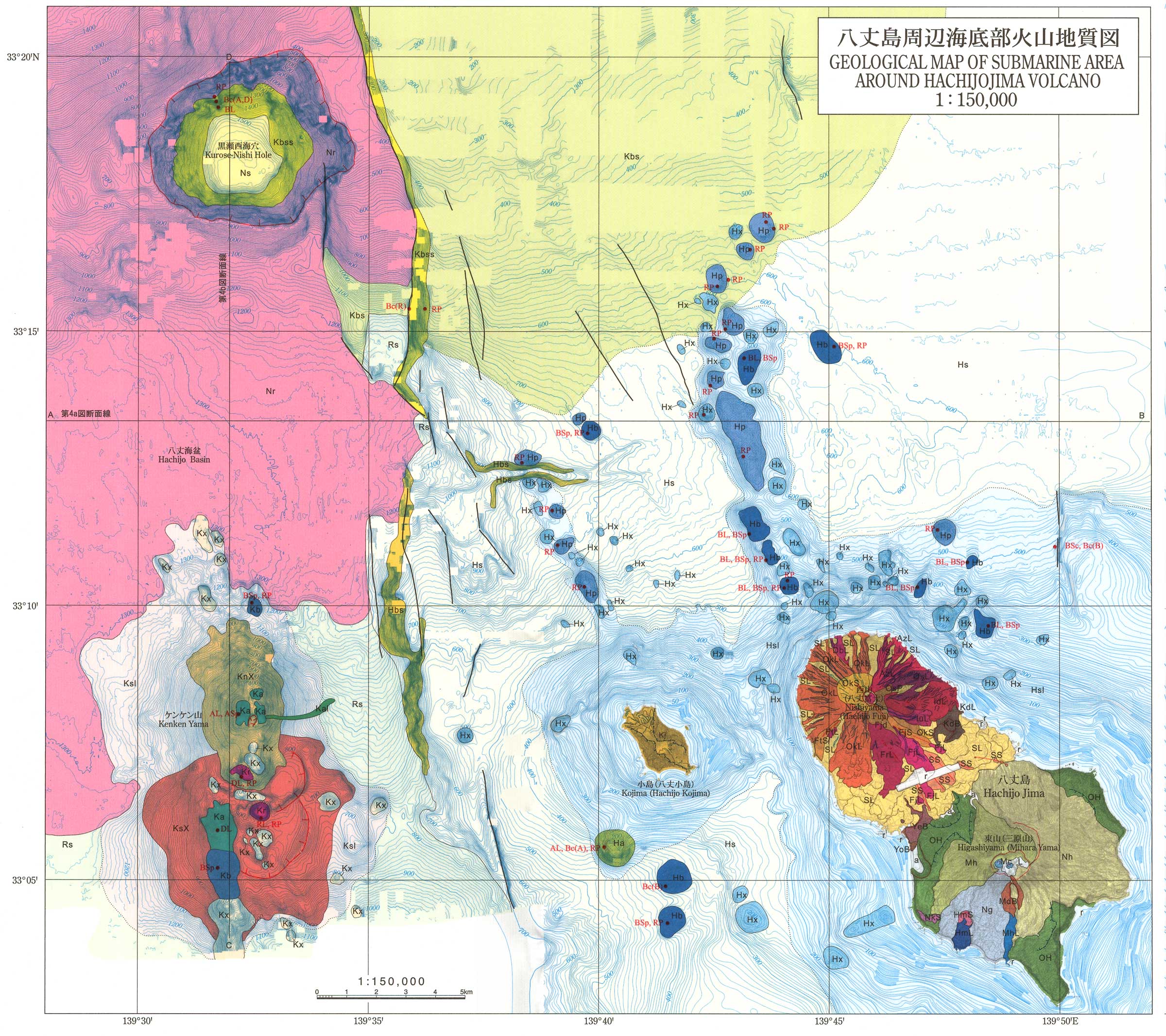 八丈島周辺海底部火山地質図中